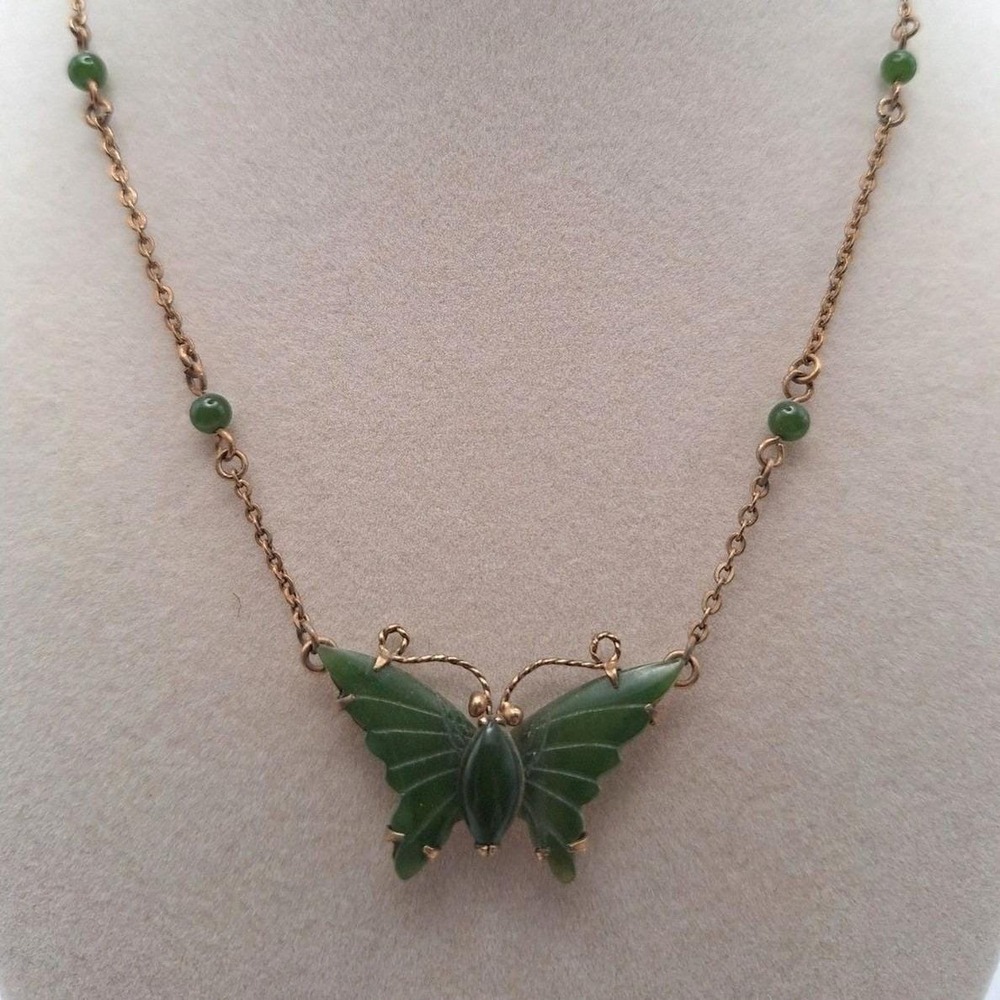 Vintage carved butterfly necklace carved green stone gold tone mid century